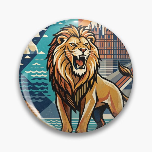 Item preview, ENGLAND Vintage Travel Illustration - Majestic Lion Roaring in a Cubist Realm designed and sold by ZUMERI.