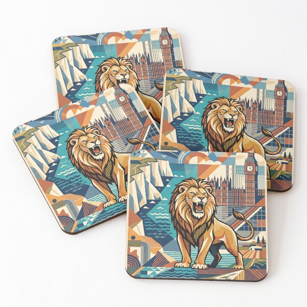 Item preview, ENGLAND Vintage Travel Illustration - Majestic Lion Roaring in a Cubist Realm designed and sold by ZUMERI.