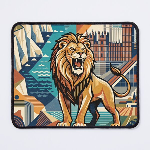 Item preview, ENGLAND Vintage Travel Illustration - Majestic Lion Roaring in a Cubist Realm designed and sold by ZUMERI.