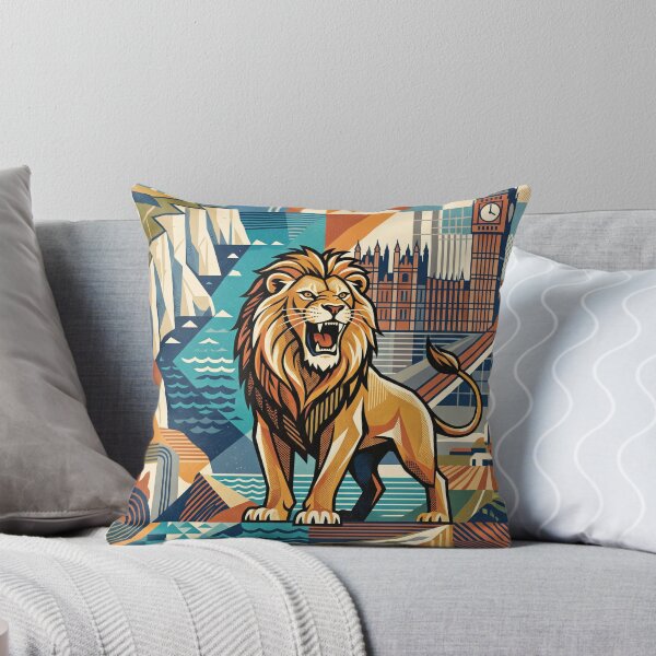 Item preview, ENGLAND Vintage Travel Illustration - Majestic Lion Roaring in a Cubist Realm designed and sold by ZUMERI.