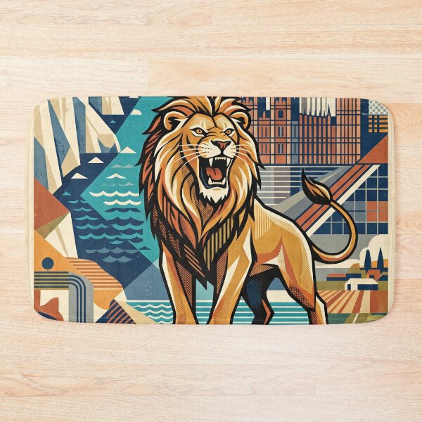 Item preview, ENGLAND Vintage Travel Illustration - Majestic Lion Roaring in a Cubist Realm designed and sold by ZUMERI.