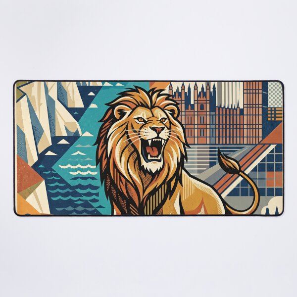 Item preview, ENGLAND Vintage Travel Illustration - Majestic Lion Roaring in a Cubist Realm designed and sold by ZUMERI.