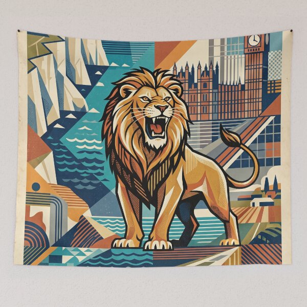 Item preview, ENGLAND Vintage Travel Illustration - Majestic Lion Roaring in a Cubist Realm designed and sold by ZUMERI.