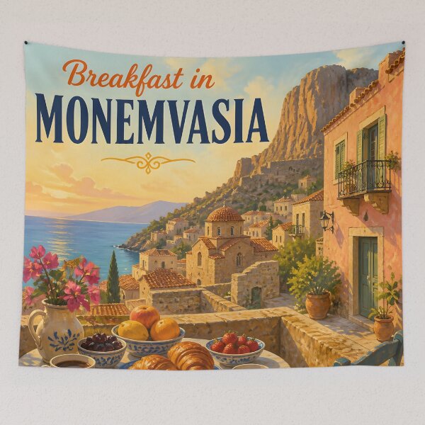 Item preview, Breakfast in Monemvasia, Greece: scenic-Style Painterly Travel Poster designed and sold by LSVart.