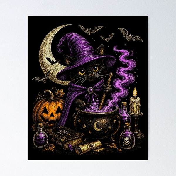 Item preview,  Vintage Halloween Spooky Black Cat in Pumpkin bats designed and sold by SOUFIANE1991.