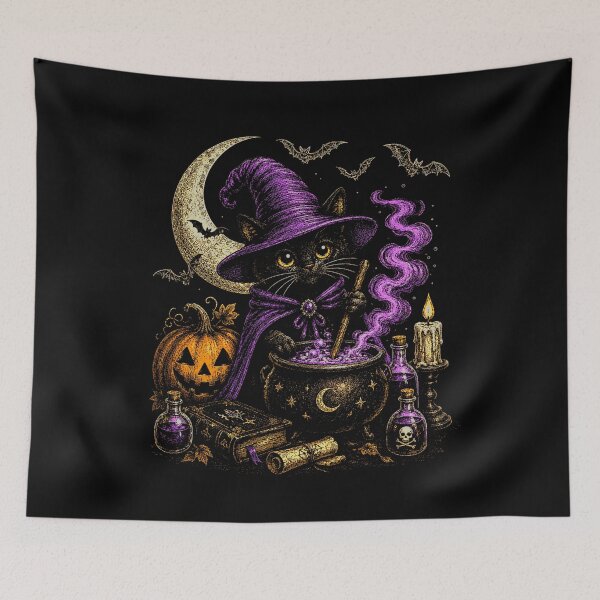 Item preview,  Vintage Halloween Spooky Black Cat in Pumpkin bats designed and sold by SOUFIANE1991.