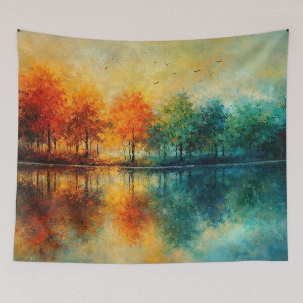 Item preview, Autumn Lake Reflection – Orange & Blue Autumn Landscape Art designed and sold by Joey Santiago.
