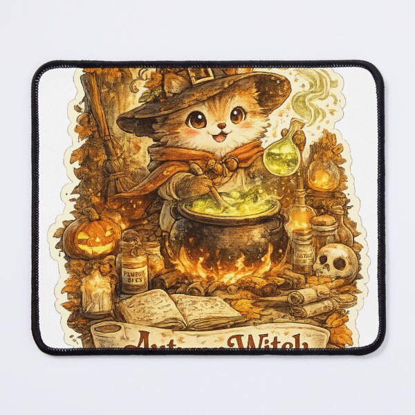 Item preview, Autumn Witch Cat | Cute Halloween Kitten Brewing Magic Potion Vintage Cottagecore designed and sold by Mahmoud Salah.