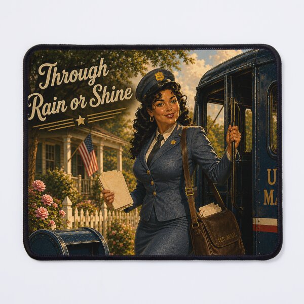 Item preview, Vintage Postal Worker Pin-Up | Through Rain or Shine Retro Mail Carrier Americana Art designed and sold by MissSaylor.