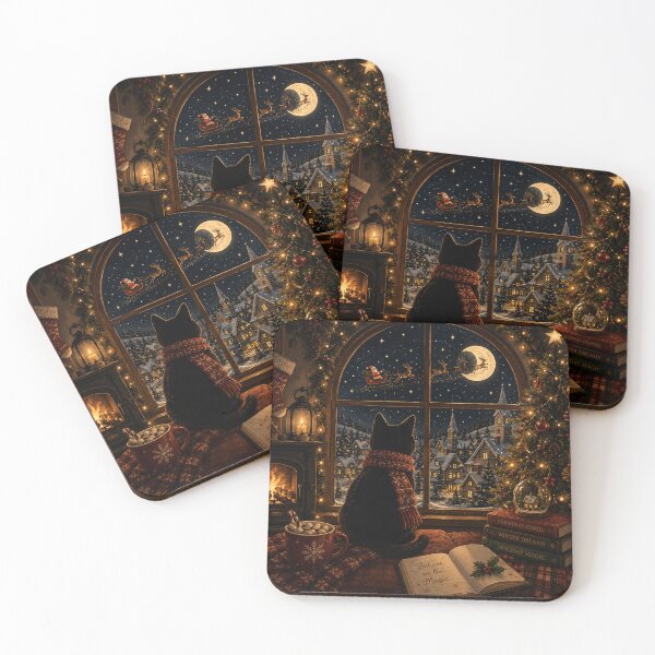 Item preview, Cozy Christmas Night Black Cat Watching Santa designed and sold by TeikunShop.