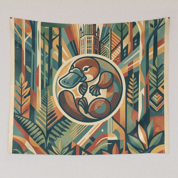 Item preview, MELBOURNE Vintage Travel Illustration - Geometric Platypus Curling in a Fern Woodland designed and sold by ZUMERI.