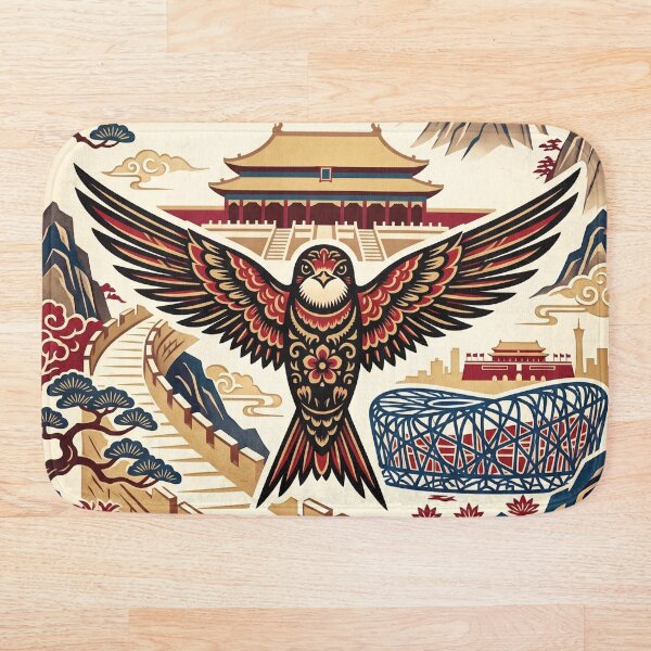 Item preview, Ilustración de viaje antigua de Pekín: una golondrina ornamentada sobrevolando una ciudad histórica. designed and sold by ZUMERI.