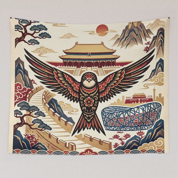 Item preview, BEIJING Vintage Travel Illustration - Ornate Swallow Soaring in a Heritage City designed and sold by ZUMERI.