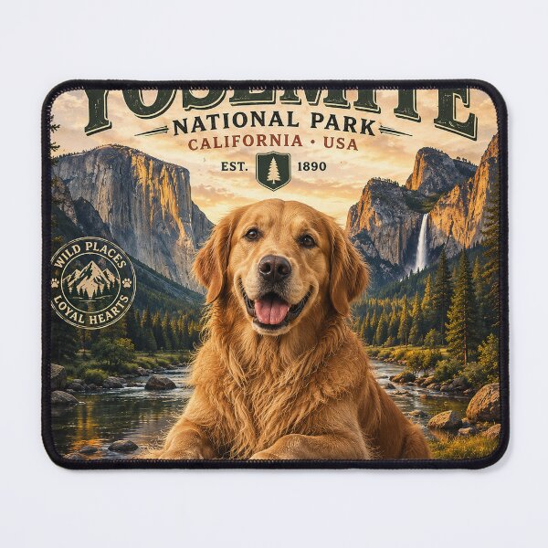 Item preview, Golden Retriever Yosemite National Park Adventure Dogs™ Vintage California Travel Poster designed and sold by TeeVibeHaus.