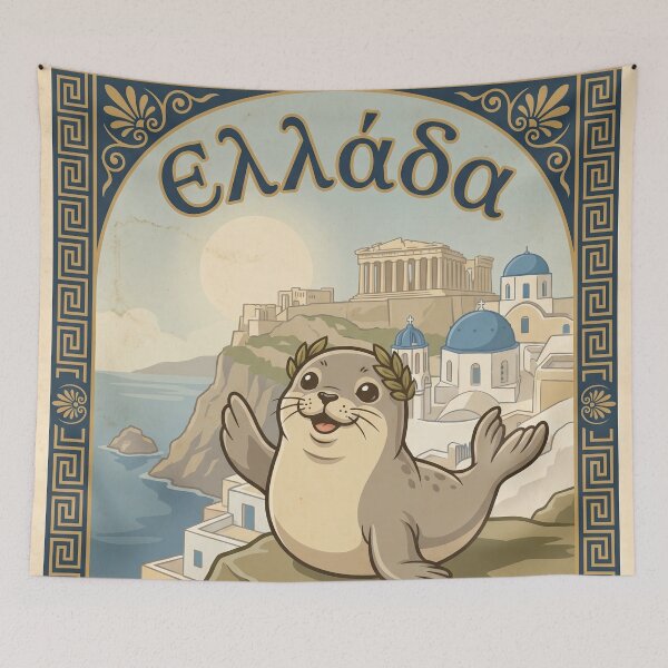 Item preview, GREECE Vintage Travel Illustration - Crowned Seal Waving designed and sold by ZUMERI.