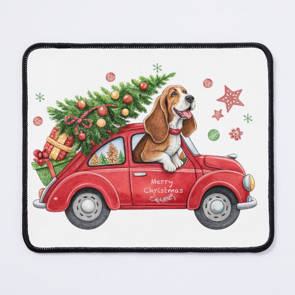 Item preview, Vintage Basset Hound Holiday Red Car Christmas Tree Delivery designed and sold by iPrintPaws.