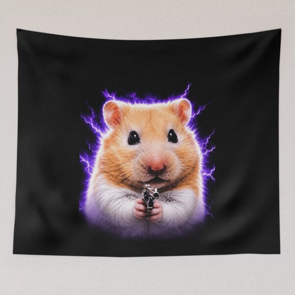 Item preview, Funny Hamster Holding Gun Hammy Purple Lightning Meme Art designed and sold by elderberry.