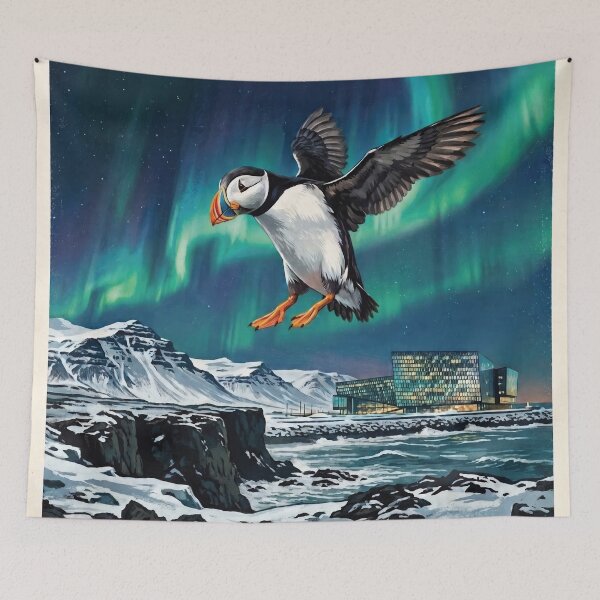 Item preview, ICELAND Travel Illustration - Gouache Puffin Flying designed and sold by ZUMERI.