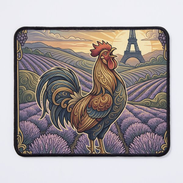 Item preview, FRANCE Vintage Travel Illustration - Ornate Rooster Crowing in a Lavender Field designed and sold by ZUMERI.