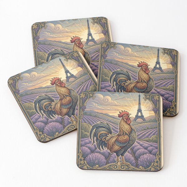 Item preview, FRANCE Vintage Travel Illustration - Ornate Rooster Crowing in a Lavender Field designed and sold by ZUMERI.