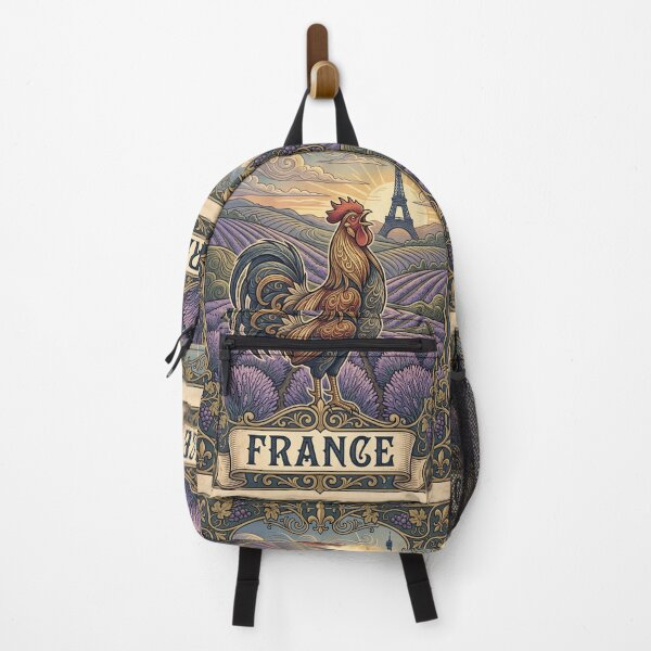 Item preview, FRANCE Vintage Travel Illustration - Ornate Rooster Crowing in a Lavender Field designed and sold by ZUMERI.