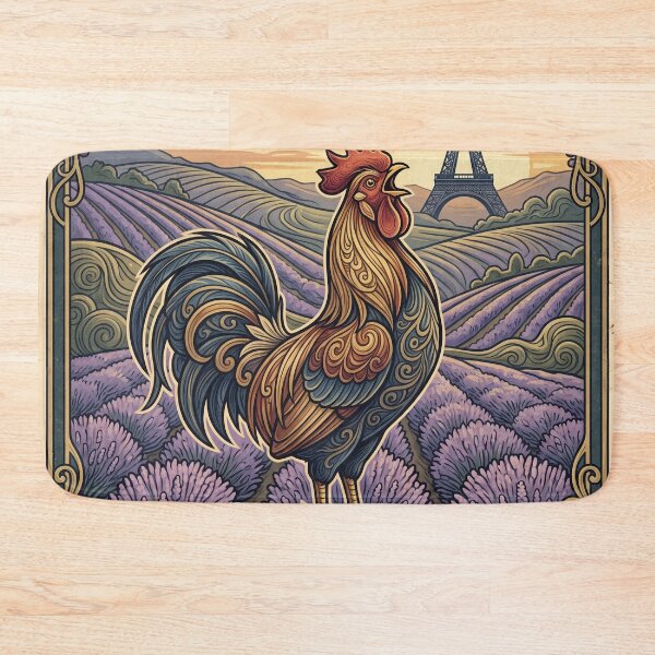 Item preview, FRANCE Vintage Travel Illustration - Ornate Rooster Crowing in a Lavender Field designed and sold by ZUMERI.