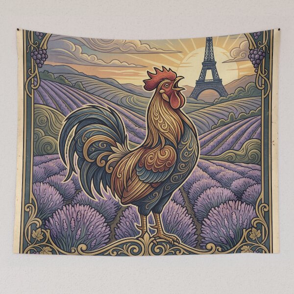 Item preview, FRANCE Vintage Travel Illustration - Ornate Rooster Crowing in a Lavender Field designed and sold by ZUMERI.