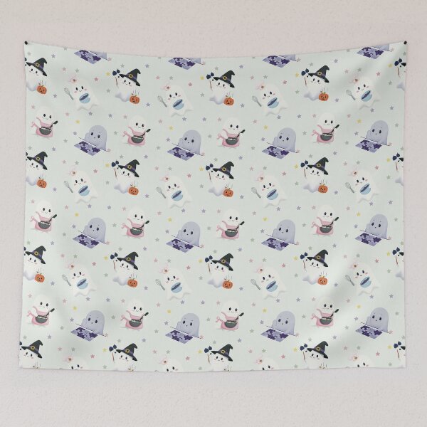 Item preview, Cute Celestial Ghosts Pastel Light Grey Seamless Halloween Pattern designed and sold by StoriesInGrain.