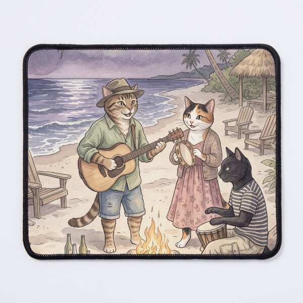 Item preview, Musical cats playing guitar and drums at a tropical beach bonfire in watercolor designed and sold by TheCoolCatsMx.