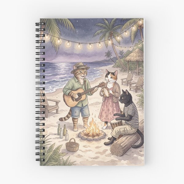 Item preview, Musical cats playing guitar and drums at a tropical beach bonfire in watercolor designed and sold by TheCoolCatsMx.