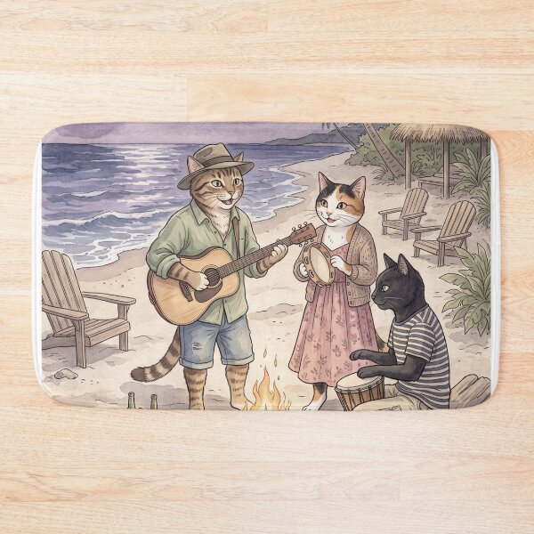 Item preview, Musical cats playing guitar and drums at a tropical beach bonfire in watercolor designed and sold by TheCoolCatsMx.