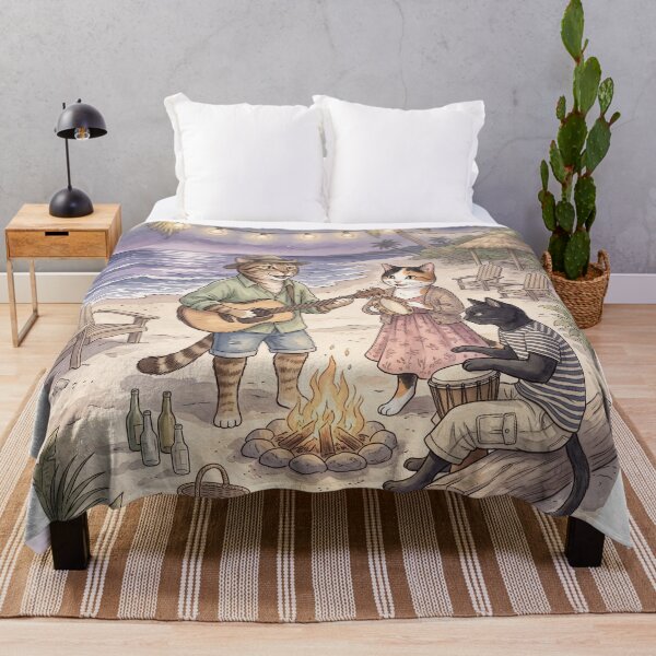 Item preview, Musical cats playing guitar and drums at a tropical beach bonfire in watercolor designed and sold by TheCoolCatsMx.