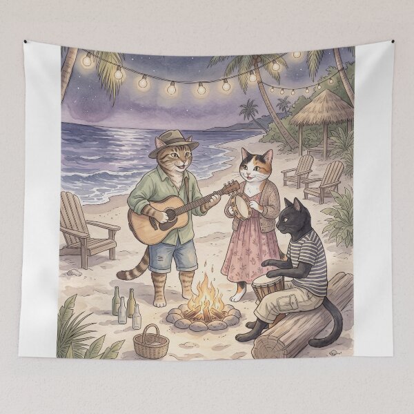 Item preview, Musical cats playing guitar and drums at a tropical beach bonfire in watercolor designed and sold by TheCoolCatsMx.