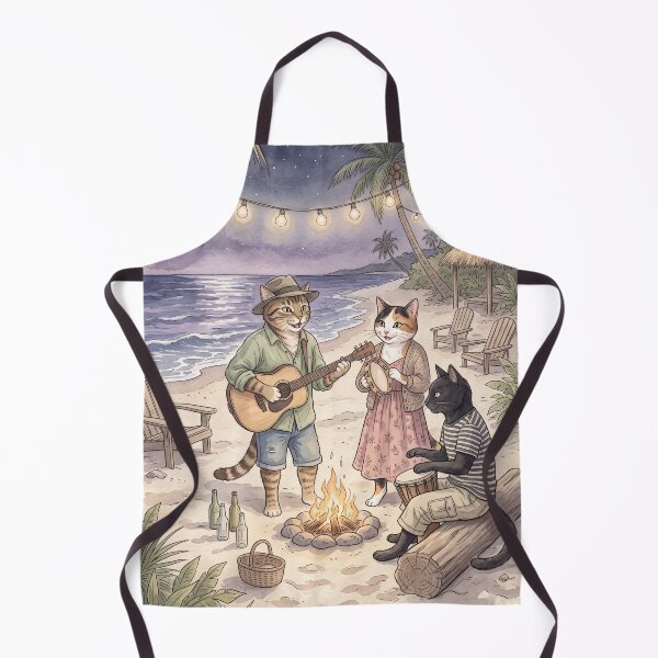 Item preview, Musical cats playing guitar and drums at a tropical beach bonfire in watercolor designed and sold by TheCoolCatsMx.
