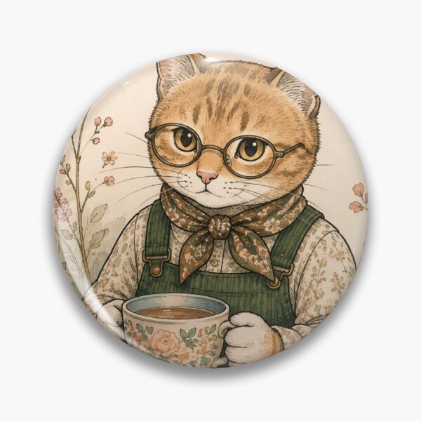 Item preview, Cat with glasses drinking tea and reading a cozy watercolor botanical book designed and sold by TheCoolCatsMx.