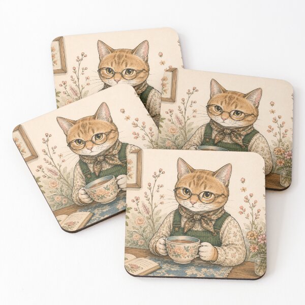 Item preview, Cat with glasses drinking tea and reading a cozy watercolor botanical book designed and sold by TheCoolCatsMx.