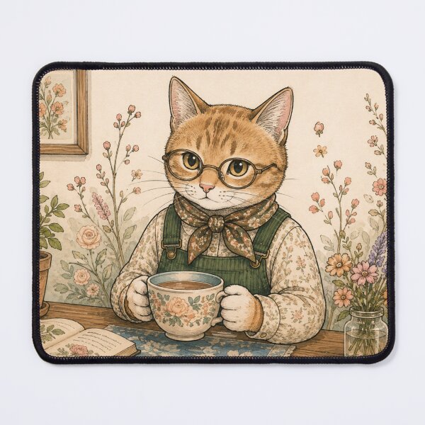 Item preview, Cat with glasses drinking tea and reading a cozy watercolor botanical book designed and sold by TheCoolCatsMx.