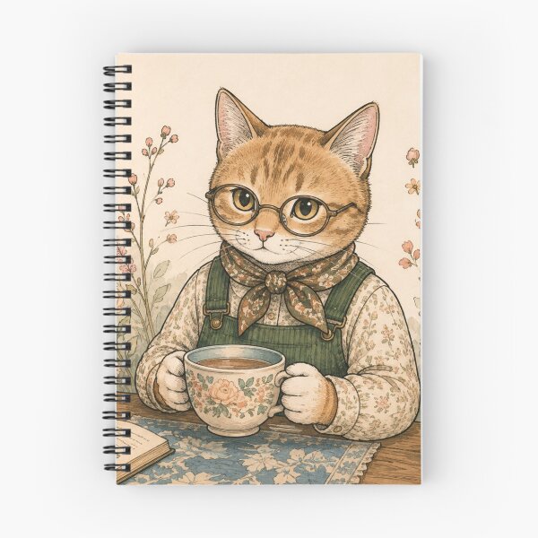 Item preview, Cat with glasses drinking tea and reading a cozy watercolor botanical book designed and sold by TheCoolCatsMx.
