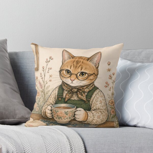 Item preview, Cat with glasses drinking tea and reading a cozy watercolor botanical book designed and sold by TheCoolCatsMx.