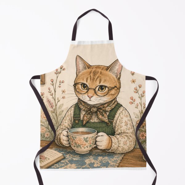 Item preview, Cat with glasses drinking tea and reading a cozy watercolor botanical book designed and sold by TheCoolCatsMx.
