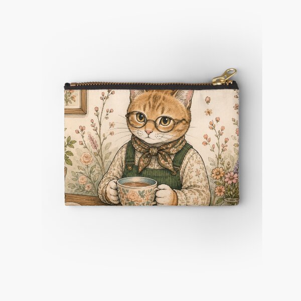 Item preview, Cat with glasses drinking tea and reading a cozy watercolor botanical book designed and sold by TheCoolCatsMx.