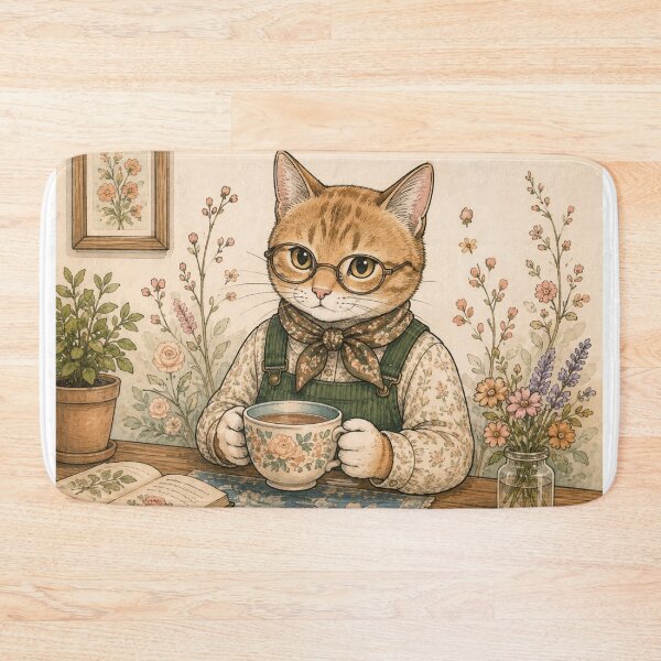 Item preview, Cat with glasses drinking tea and reading a cozy watercolor botanical book designed and sold by TheCoolCatsMx.