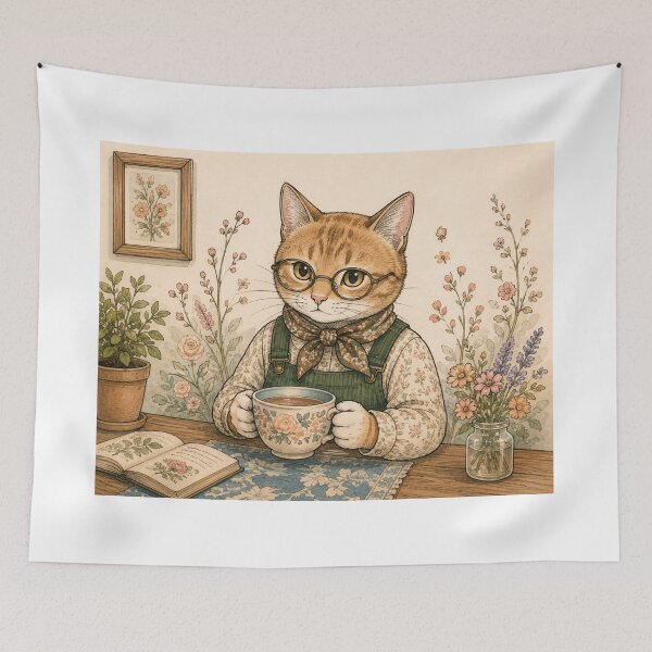 Item preview, Cat with glasses drinking tea and reading a cozy watercolor botanical book designed and sold by TheCoolCatsMx.