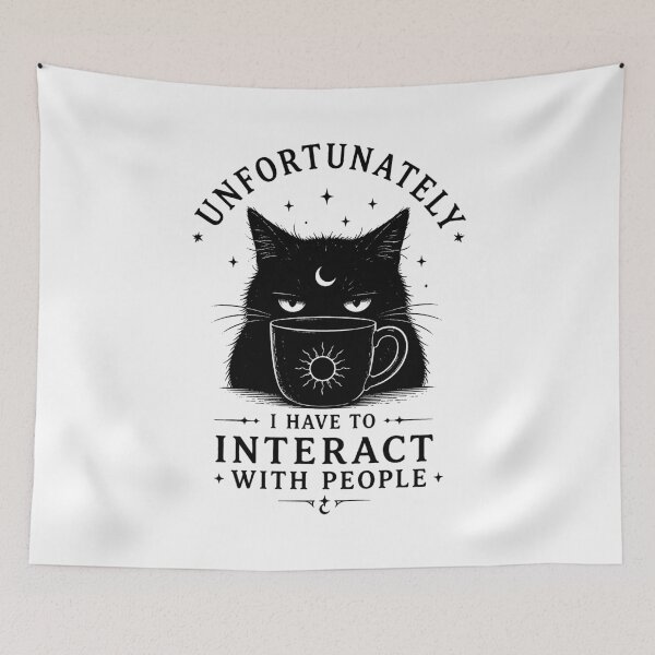 Item preview, Unfortunately, I Have to Interact with People – Smug Black Cat Coffee Meme designed and sold by witchlingart.