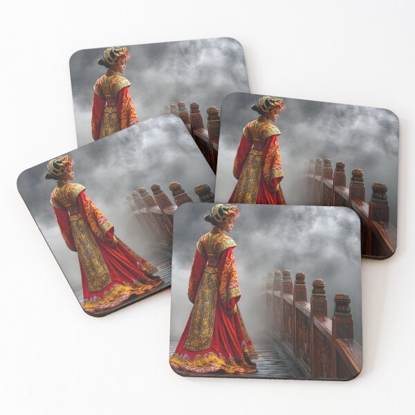 Item preview, Elegant Woman in Traditional Red Costume on Bridge designed and sold by Artessie.