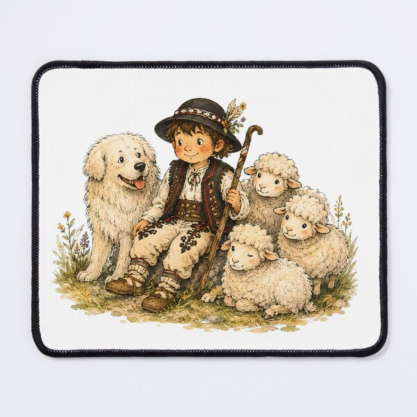 Item preview, Mountain Shepherd with Sheep and Herding Dog – Traditional Mountain Illustration designed and sold by Buli89.