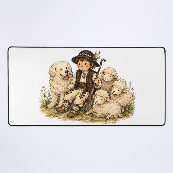 Item preview, Mountain Shepherd with Sheep and Herding Dog – Traditional Mountain Illustration designed and sold by Buli89.