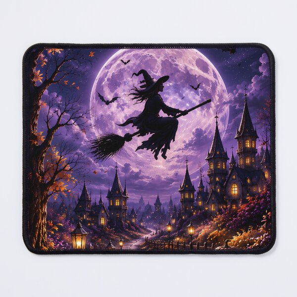 Item preview, Spooky Halloween Night: Flying Witch & Glowing Jack-o'-Lanterns Under Full Moon designed and sold by Dreamy Armine Art.