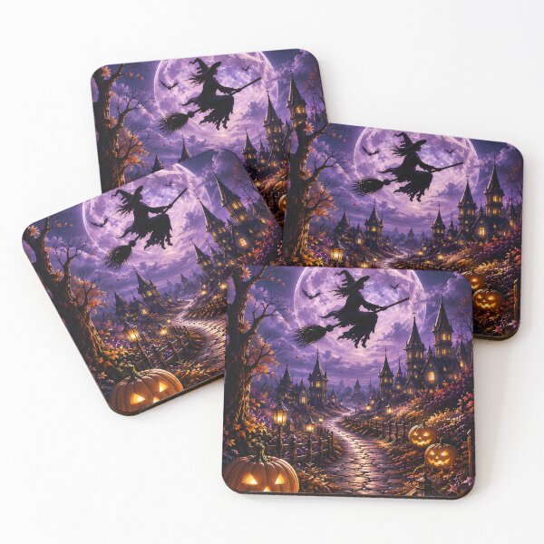Item preview, Spooky Halloween Night: Flying Witch & Glowing Jack-o'-Lanterns Under Full Moon designed and sold by Dreamy Armine Art.