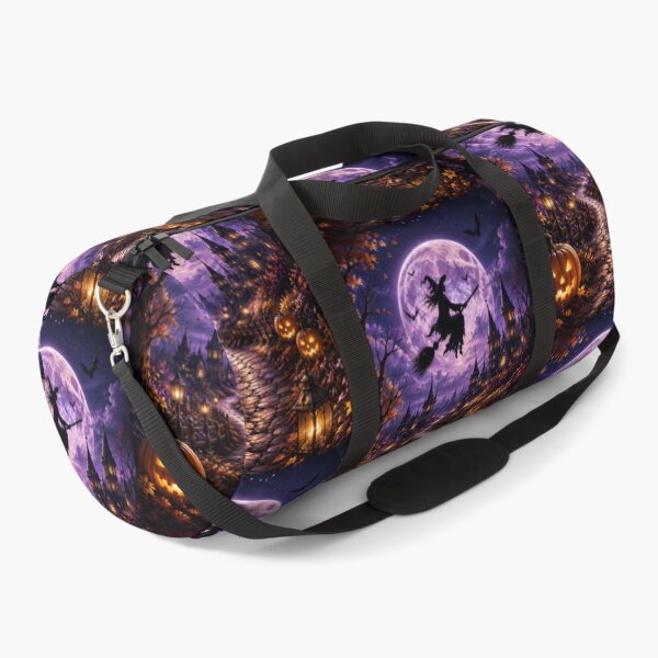 Item preview, Spooky Halloween Night: Flying Witch & Glowing Jack-o'-Lanterns Under Full Moon designed and sold by Dreamy Armine Art.